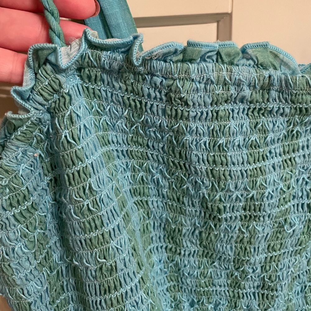 Anthropology Smocked Top Sundress, Size Large, Aqua & Green stripes, VGUC